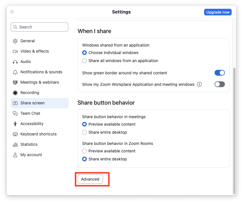 Open Advanced in Zoom sharing